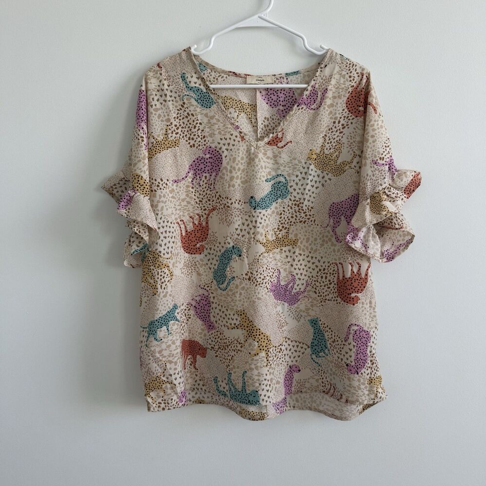 Entro Cream Colorful Leopard Print Blouse Novelty Lightweight Summer Sheer Large